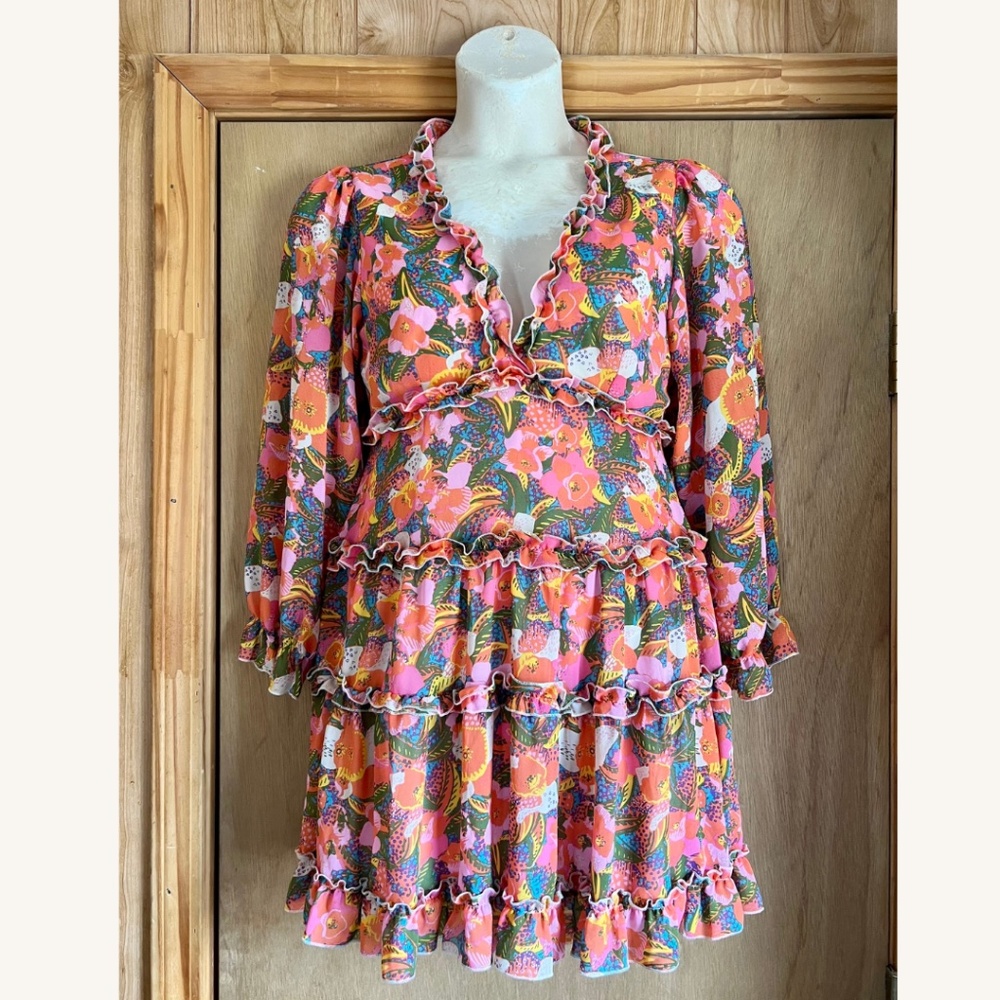 Boho Floral Ruffle Mini Dress Balloon Sleeve Tiered V-Neck Pink Multi - Medium